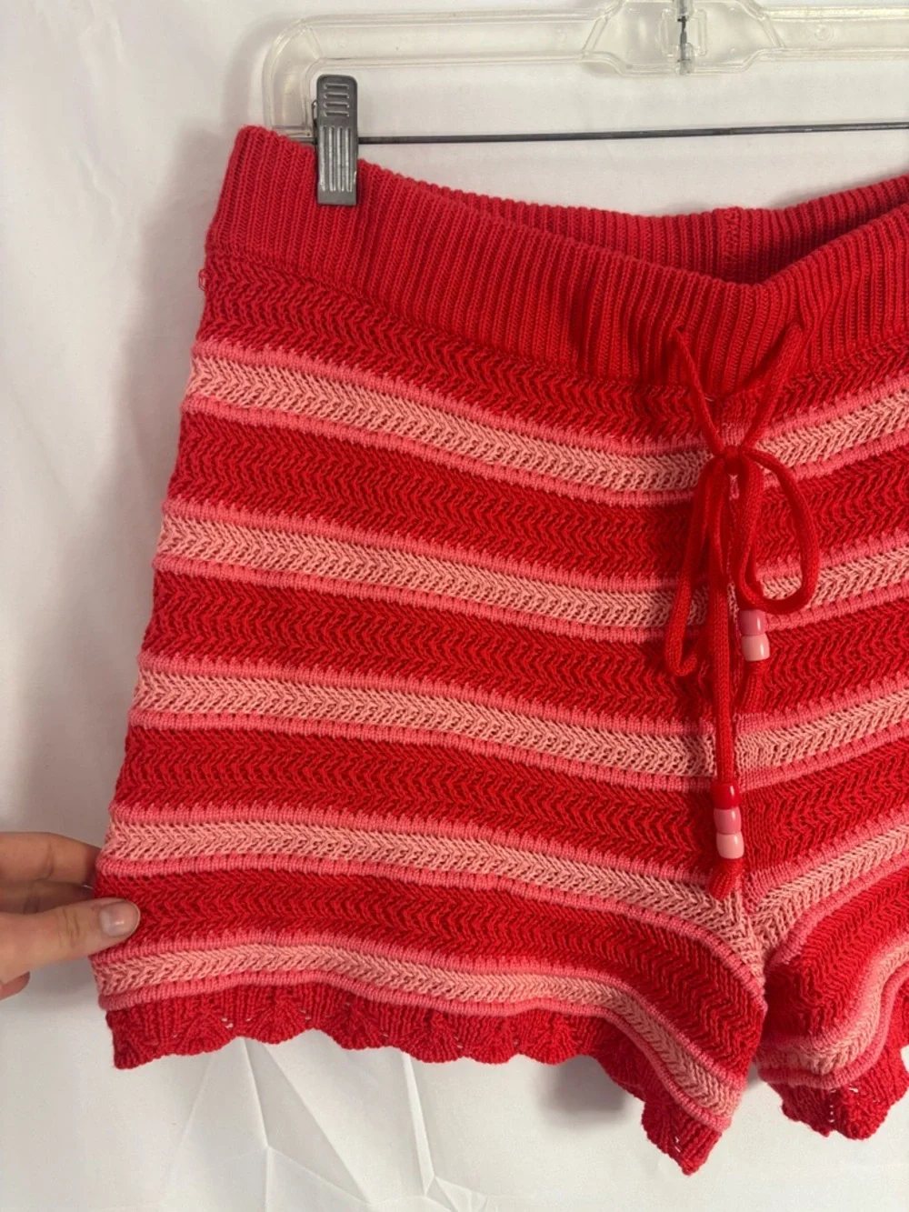 Striped Red Crochet Knit Beaded Draw String Pull On Retro Boho Shorts Size XL - Picture 4 of 9